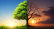 © BrandCak - Divided illustration depicts vibrant greenery flourishing beside a desolate, dried-up landscape