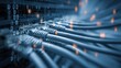 © SKIMP Art - a close-up of network cables and data in an office, with a binary code background focus on detailed cable connections and information technology elements Generative AI