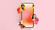 © Prostock-studio - Smartphone displays a collage of faces showing people engaged in communication. The background is simple with soft colors, emphasizing connection and interaction.
