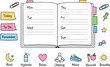 © Александр Михайлюк - Open weekly planner spread, tabbed notebook pages, paper clips and sticky notes, small reminder icons for Burnout prevention