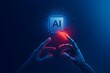 © merioum - Glowing AI microchip with human and robotic hands nearly touching, futuristic digital illustration symbolizing human-AI connection, intelligence, and technological integration.