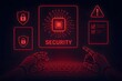© merioum - Glowing red microchip labeled security with circuit lines, surrounded by shields, warning triangle, and robotic hands typing, futuristic digital illustration of cybersecurity.