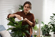 © New Africa - Woman wiping beautiful houseplant leaf at home