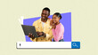 © Prostock-studio - A couple stands side by side, smiling as they look at a laptop. They appear focused on the screen, engaged in an online search. This scene takes place indoors, with simple background colors.