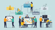 © faizart - An organized business development workflow is illustrated, showing diverse teams collaborating on ideas, design, development, and a successful product launch.