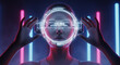 © Seen - Cyberpunk 3D woman wearing neon VR visor immersed in a futuristic virtual reality metaverse.