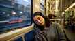 © Samith - A smiling young woman and man in a winter coat enjoy a casual urban lifestyle while shopping in the city subway