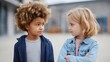 © Pro Hi-Res - Two diverse children looking at each other outdoors.