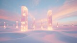 Glowing Crystal Monoliths in a Serene Pastel Desert Landscape