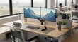 © hilwanstock - Modern Office Workspace with Dual Monitors and Mountain View.