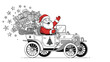 © Tumpa - Joyful Santa Claus waving a friendly greeting while driving a classic vintage car loaded with many wrapped Christmas presents for the holidays.