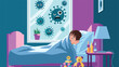 © Tumpa - Scared young boy hiding under his blue bed covers while several green cartoon virus characters look through his bedroom window at night time.