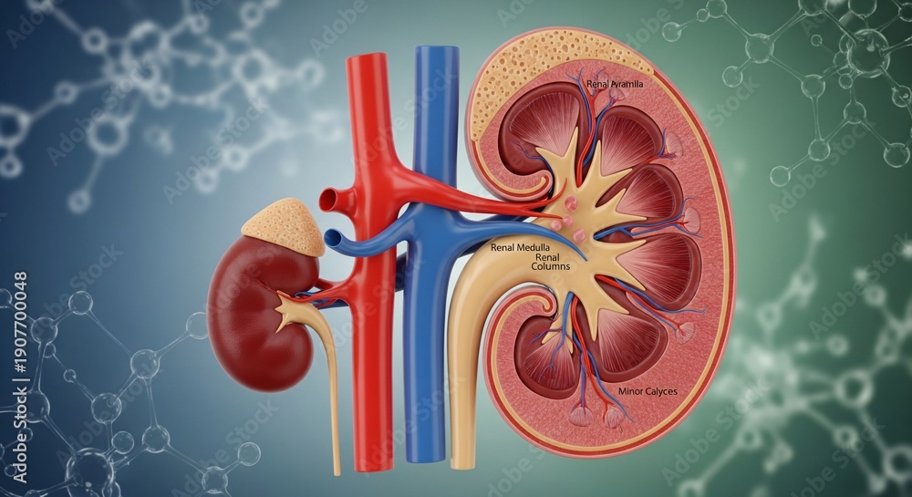 Anatomical cross section of a human kidney showing renal cortex medulla ...