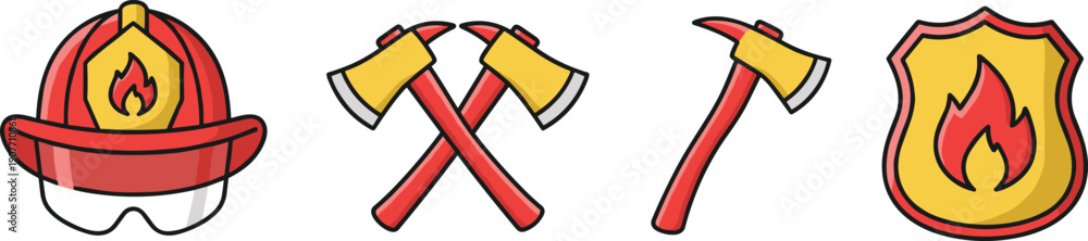 Firefighter Equipment Vector Illustration Set with Red Fire Helmet ...