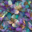© Sergey - Seamless alcohol ink pattern of iridescent blue and violet flowers with thin gold outlines.