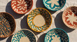 © ricky_Triando - Colorful handcrafted woven wall baskets set, ethnic tribal patterns decorative straw bowls on neutral fabric background.