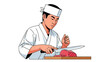 © zulfi25 - Sushi chef cutting raw fish on wooden board with sharp knife