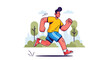 © random - Energetic young man with dark hair vigorously running outdoors against a simple park background illustration.
