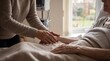 © D-point - Woman holding hand of senior woman patient lying in hospital bed, offering comfort and support. Healthcare, empathy, and elderly care concept.
