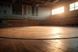 © EricMiguel - Empty American high school wrestling mat bathed in warm late - afternoon sunlight, scuffed circular ring on aged wooden gym floor with folded bleachers
