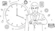 © javeria - Focused businessman diligently checking his wristwatch while surrounded by abstract symbols representing time management scheduling planning and organizational tasks