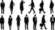 © Creative Art - Collection of black silhouettes of professional business people and casual commuters walking and standing in various poses on white background.