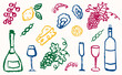 © Екатерина Тарасова - Wine glass, bottle, grape, olive, cheese, tomato, lemon, oyster. Hand drawn blue, green, pink italian food set. Wine vector sketch set. Dolce vita aesthetics. Perfect for print, design menu, sticker.