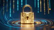 © mihrzn - Golden padlock with circuit design protects data amidst glowing binary code streams.