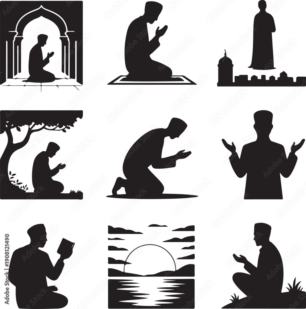 Black silhouettes of Muslim men praying and reading Quran in various ...