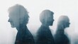 © Yuma - Three figures in silhouette, cityscape layered over profiles. Artistic visualization, light-toned