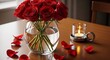 © ANAMUL - Elegant vase of red roses paired with a softly glowing candle on a wooden table.