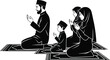 © Nasrin - Muslim family praying together on prayer mats, black and white vector illustration for religious and cultural content.