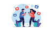 © Kamrul - Man and woman stand back to back using their smartphones while social media like and heart icons orbit around them in a digital connection theme.