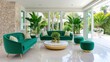 © InteriVio - Exotic glam living area, centered emerald green velvet sofa group, polished stone floor, lush jungle garden view, bright daylight, chic