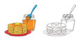 © MstTabassum - Stack of pancakes with butter and honey jar vector illustration. Sweet breakfast food coloring book page for kids with black and white outline and colored version on white background.