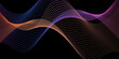 © isma - Smooth neon sound wave on black background. Abstract flowing wavy lines design for ai concept, eq equalizer, audio record, voice assistant. Blue pink orange gradient curve stripe wallpaper. Vector
