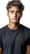 © Enggal Pitoyo - A young man with brown hair and eyes, wearing a dark t-shirt, looks directly at the camera against a white background