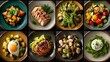 © liora c - Top-Down Collage of Several Dishes on Plates Including Diverse Cuisines, Vibrant Ingredients, High-Resolution Detail, Flat Lay Composition, and Appealing Culinary Presentation