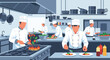 © meeblues - Flat vector illustration of chefs working together in restaurant kitchen, showing coordination, speed, and teamwork under pressure