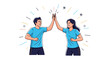 © Akash - Energetic man and woman wearing blue t shirts giving a high five to celebrate success or teamwork in sports or business.