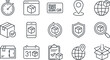 © Hasan Creatives - Linear vector icon set for logistics and delivery tracking featuring parcel boxes QR codes global shipping locations stopwatches protected packages and calendar scheduling symbols