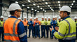 © top png - Supervisors lead a safety and operational briefing for industrial factory workers in hard hats and vests inside a large warehouse, promoting teamwork and efficiency