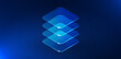 © Hilch - Abstract vertical glass blocks symbolizing scalable digital systems, AI architecture and data growth. Futuristic blue technology background with transparent shapes, minimal design and copy space.