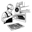 © NK - Line art illustration of an hvac technician depicting changing an air filter for hvac maintenance service