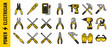 © Haris Azeem - Professional Electrician Power Tools Icon Set Featuring Yellow and Black Equipment for Electrical Maintenance, Repair, and Installation with Pliers, Screwdrivers, Drills, and Safety Gear.