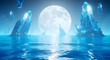 © Andri - Enchanting nightscape with a radiant full moon casting its ethereal glow upon majestic blue crystals emerging from a serene, reflective ocean surface in a fantasy realm
