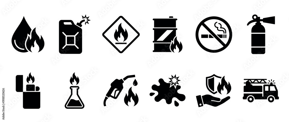 Collection of black fire safety icons including flammable liquid, a gas ...