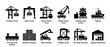 © Vladislav - Set of black port logistics icons showing cranes, ships, containers, and warehouse equipment for the shipping and freight industry, presented as a simple infographic collection