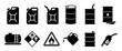 © Vladislav - Set of black fuel and oil icons including a jerrycan, barrel, tank, pump nozzle, and flammable hazard warning signs in a simple vector graphic illustration style