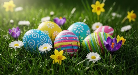  Colorful decorated Easter eggs resting in lush green grass with spring flowers.